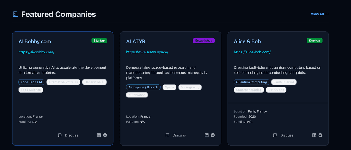 Screenshot of company listings