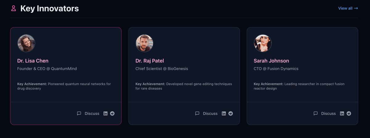 Screenshot of innovator listings