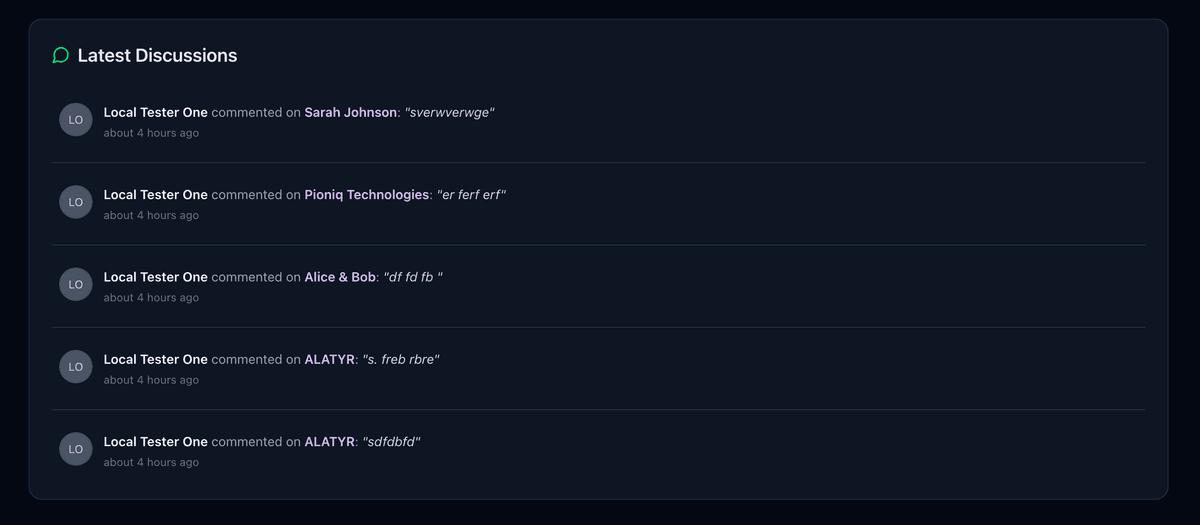 Screenshot of latest discussions