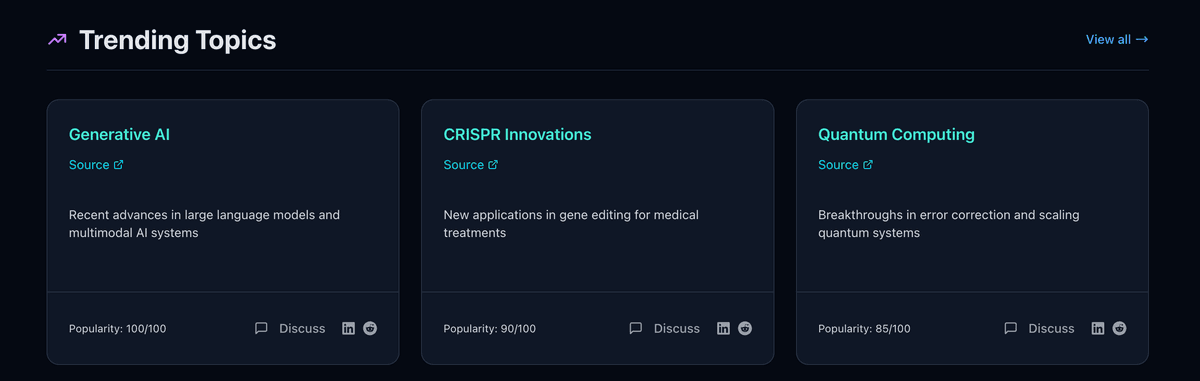 Screenshot of topic listings